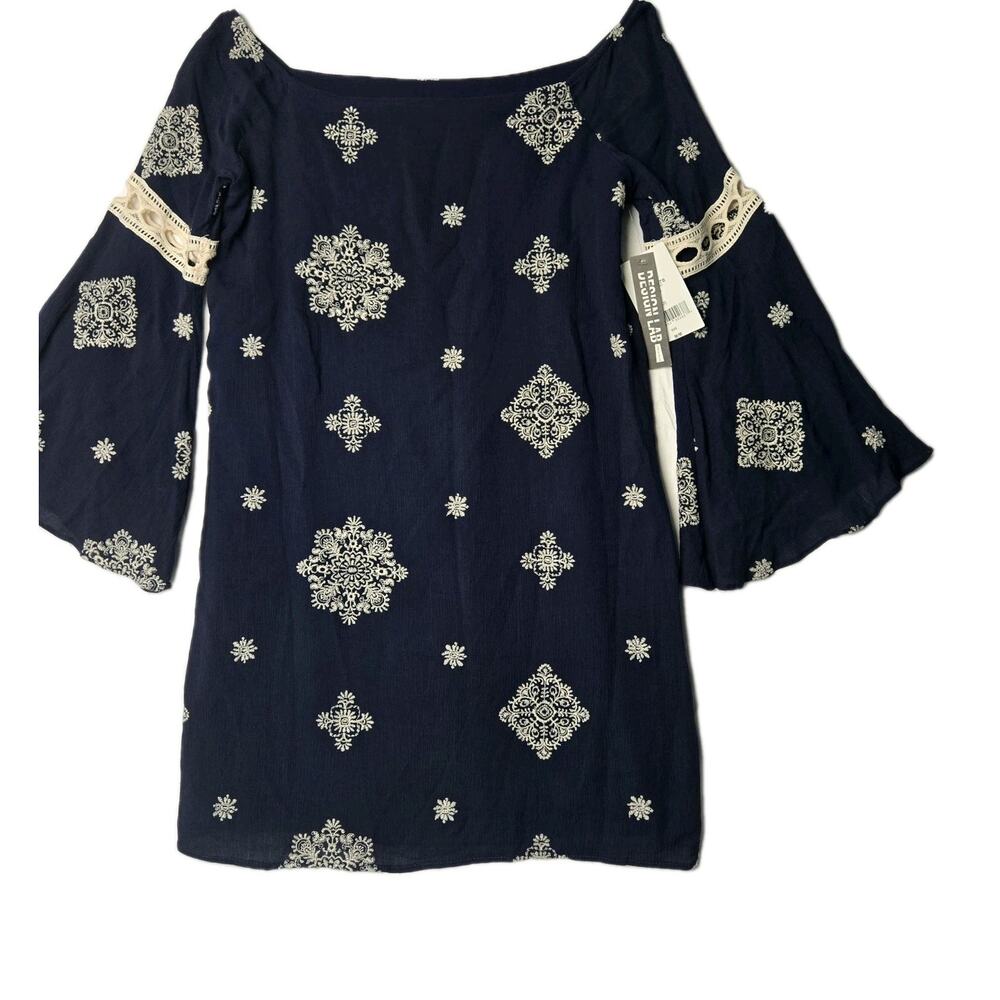 Design Lab Dress J-Medium Navy Embroidered Off-Shoulder 3/4 Bell Sleeve NWT